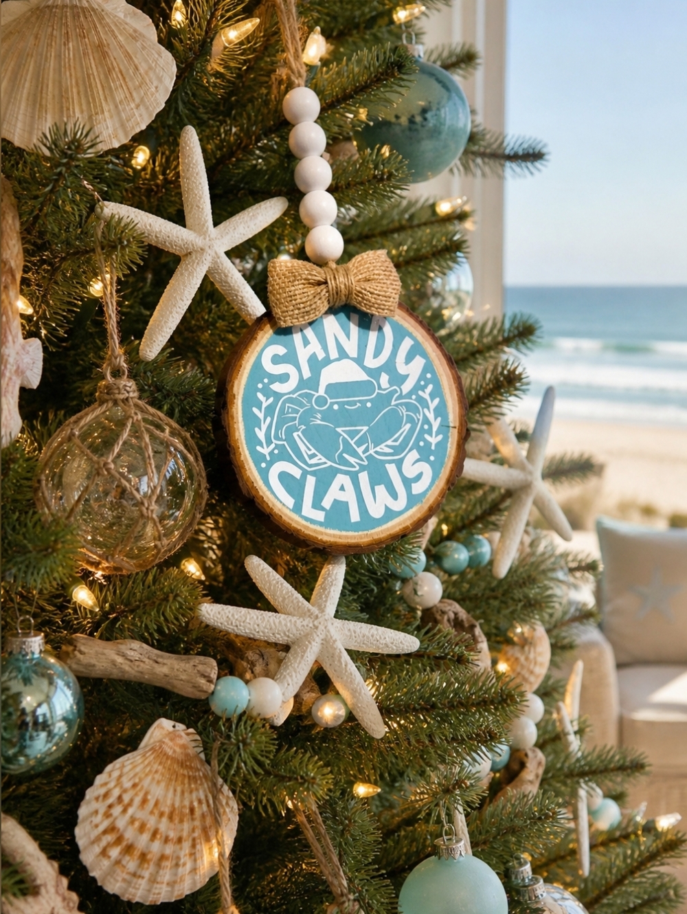 Sandy Claws Wooden Beach Ornament with Burlap Bow